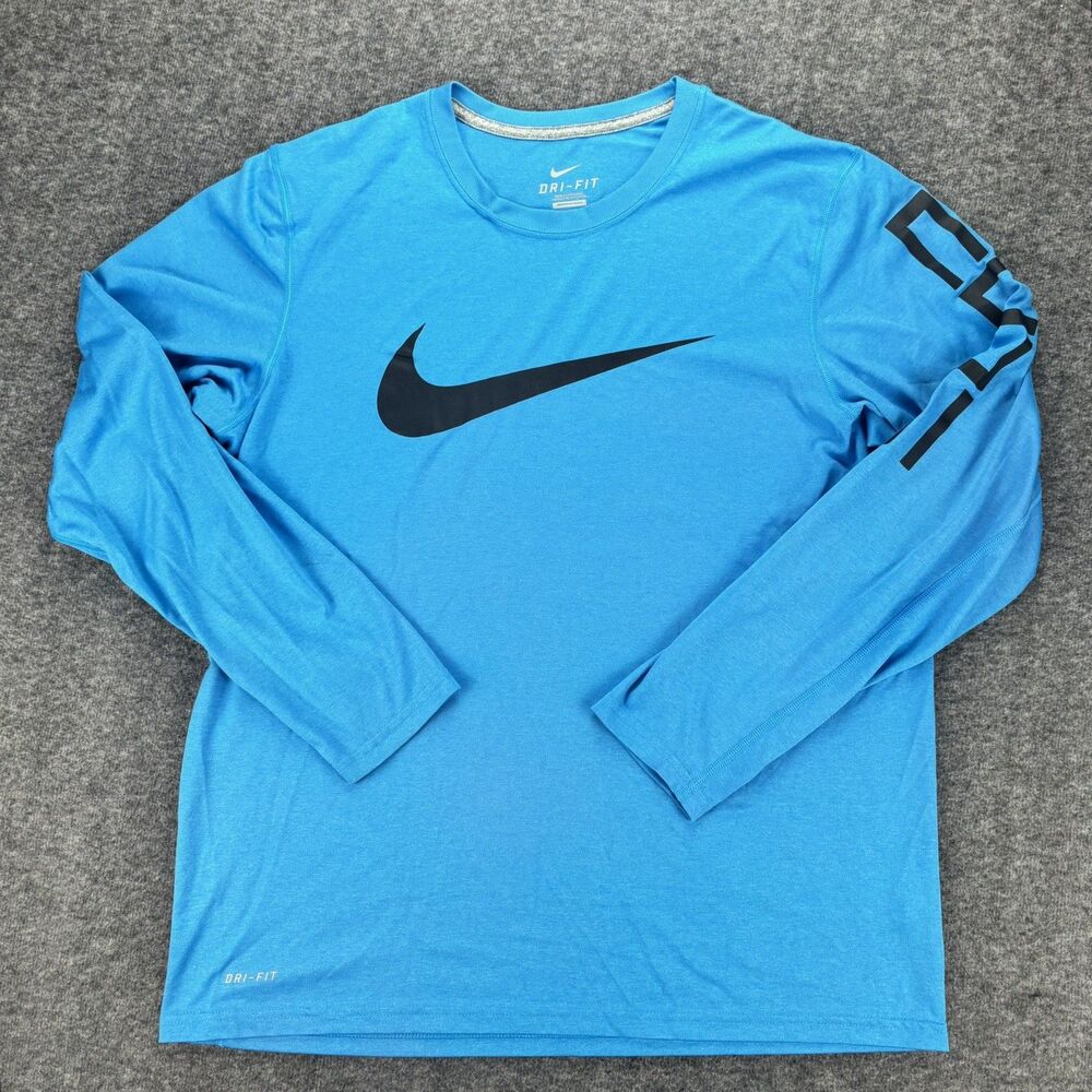 Nike Dri-FIT Mens L Long Sleeve Shirt Blue Swoosh Graphic Sleeve Athletic Tee